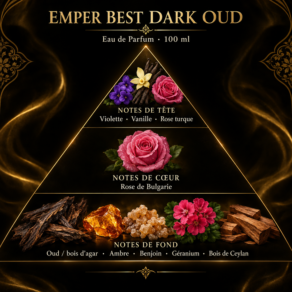 Pyramide olfactive de Emper Best Dark Oud – notes de tête, de cœur et de fond