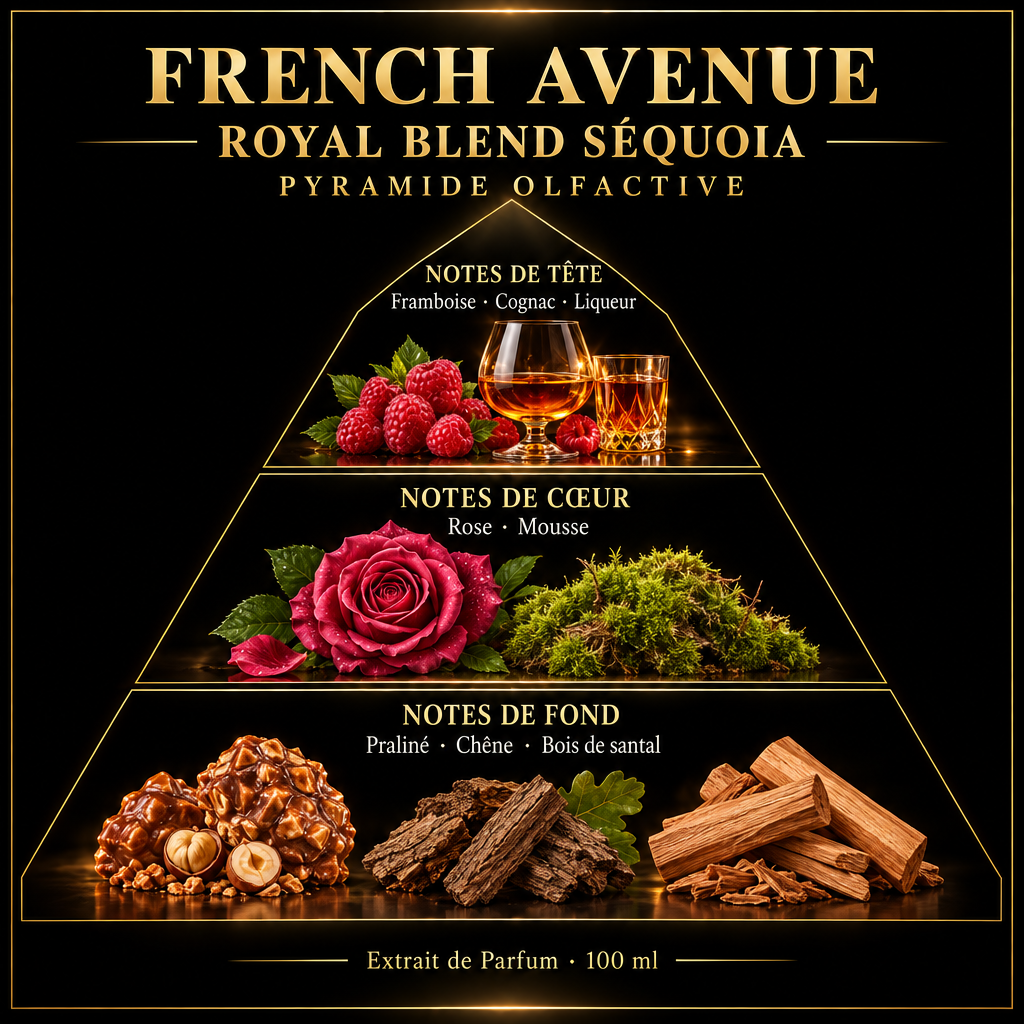 Pyramide olfactive de French Avenue Royal Blend Séquoia – notes de tête, de cœur et de fond