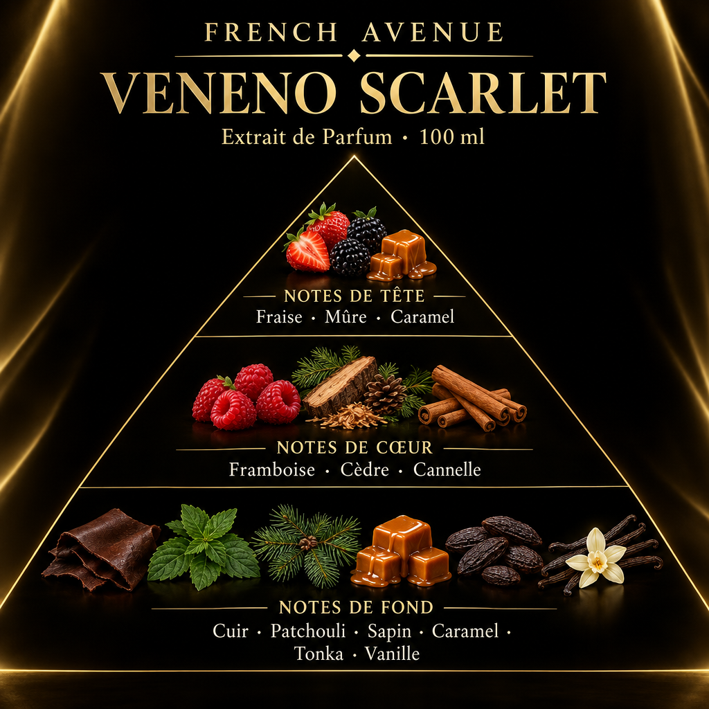 Pyramide olfactive de French Avenue Veneno Scarlet – notes de tête, de cœur et de fond