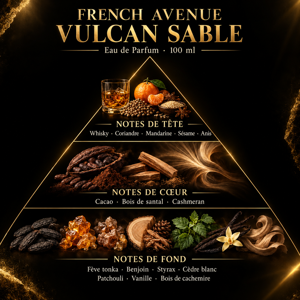 Pyramide olfactive de French Avenue Vulcan Sable – notes de tête, de cœur et de fond