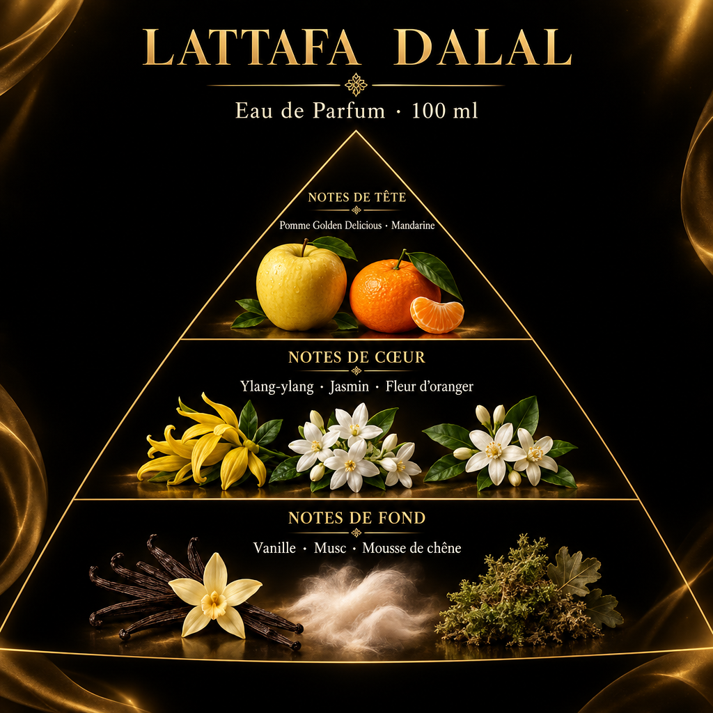 Pyramide olfactive de Lattafa Dalal – notes de tête, de cœur et de fond