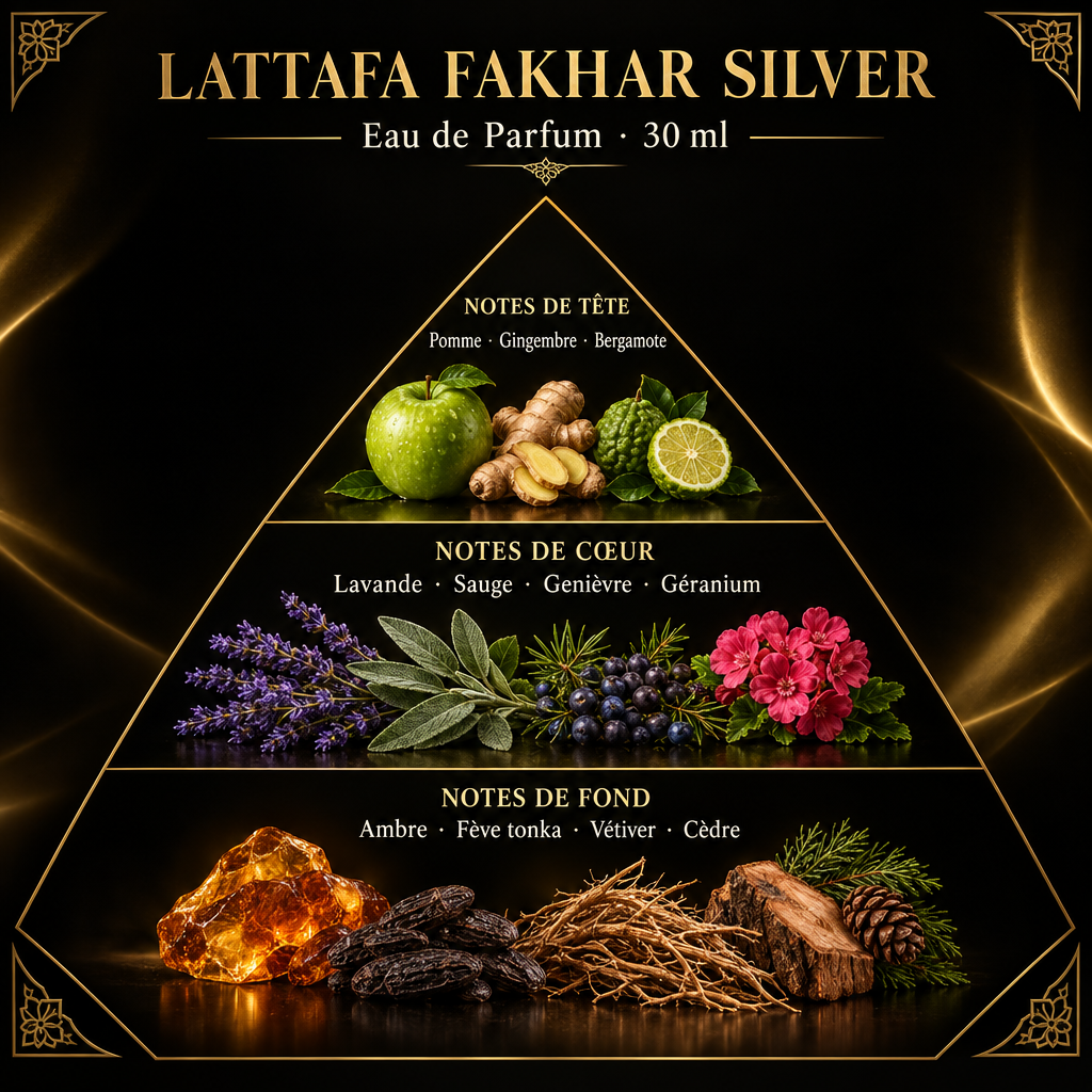 Pyramide olfactive de Lattafa Fakhar Silver – notes de tête, de cœur et de fond