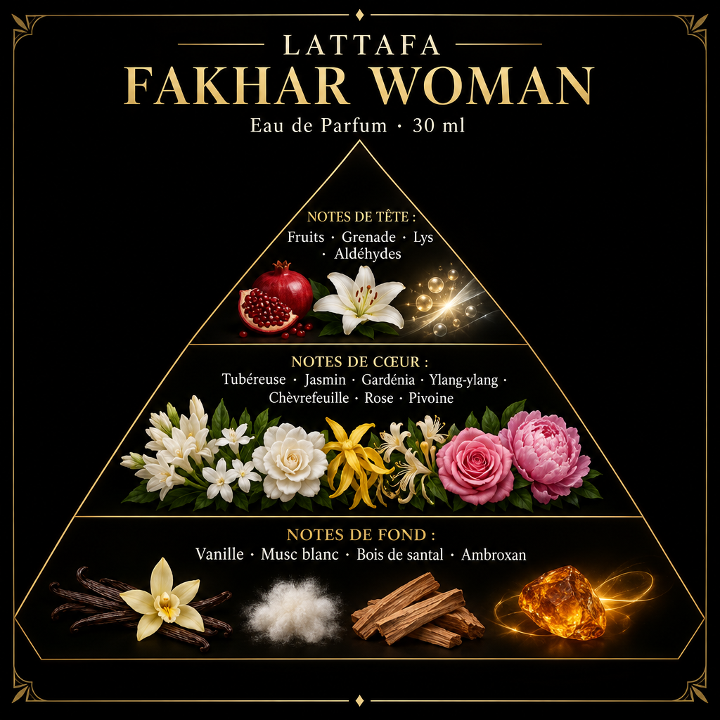 Pyramide olfactive de Lattafa Fakhar Woman – notes de tête, de cœur et de fond