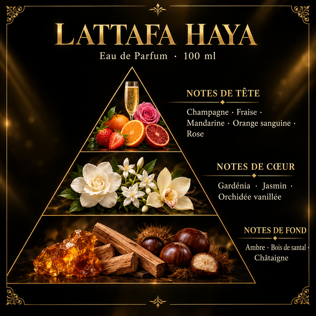Pyramide olfactive de Lattafa Haya – notes de tête, de cœur et de fond