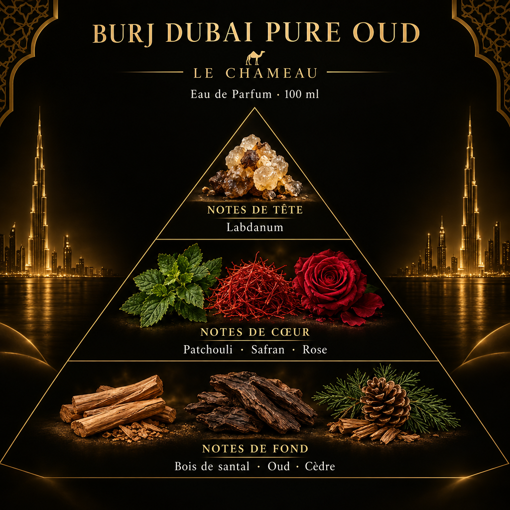 Pyramide olfactive de Burj Dubai Pure Oud – notes de tête, de cœur et de fond