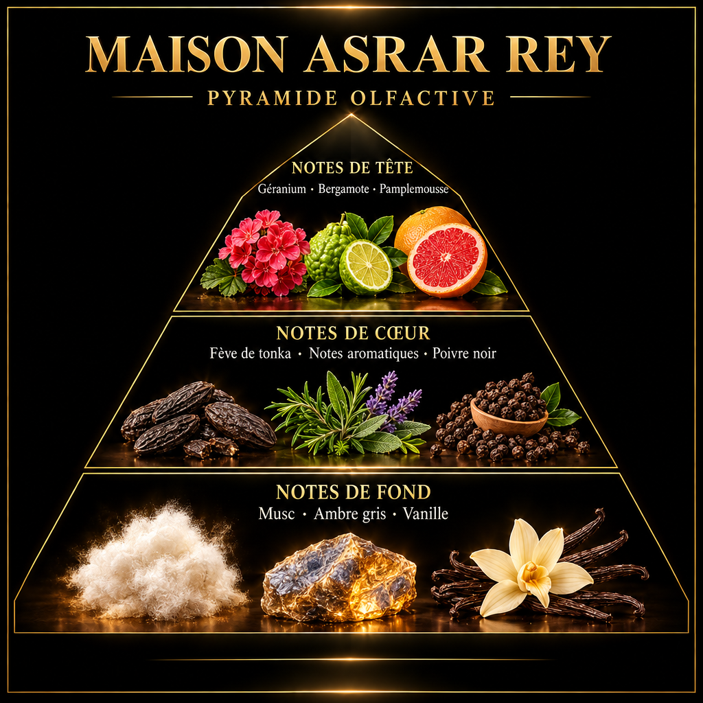 Pyramide olfactive de Maison Asrar Rey – notes de tête, de cœur et de fond