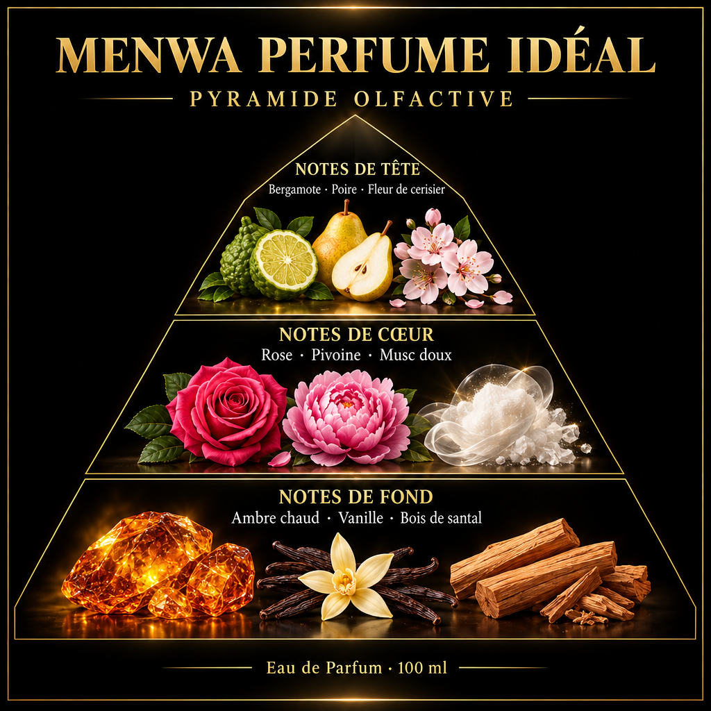 Pyramide olfactive de Menwa Perfume Idéal – notes de tête, de cœur et de fond
