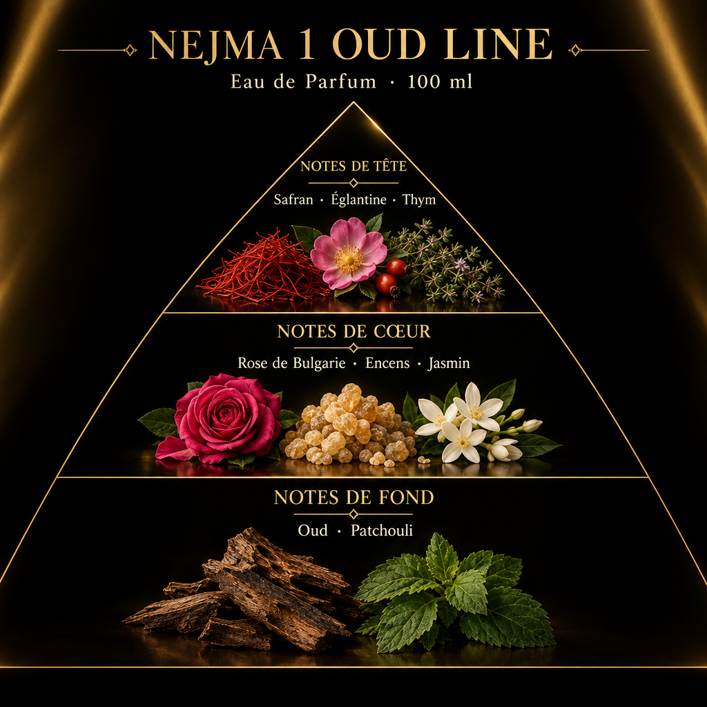 Pyramide olfactive de Nejma 1 Oud Line – notes de tête, de cœur et de fond