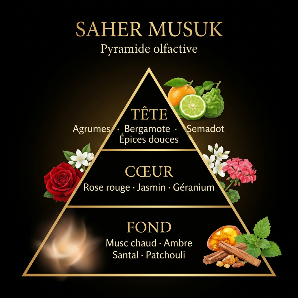 Triangle olfactif de Saher Musuk sur fond noir et doré
