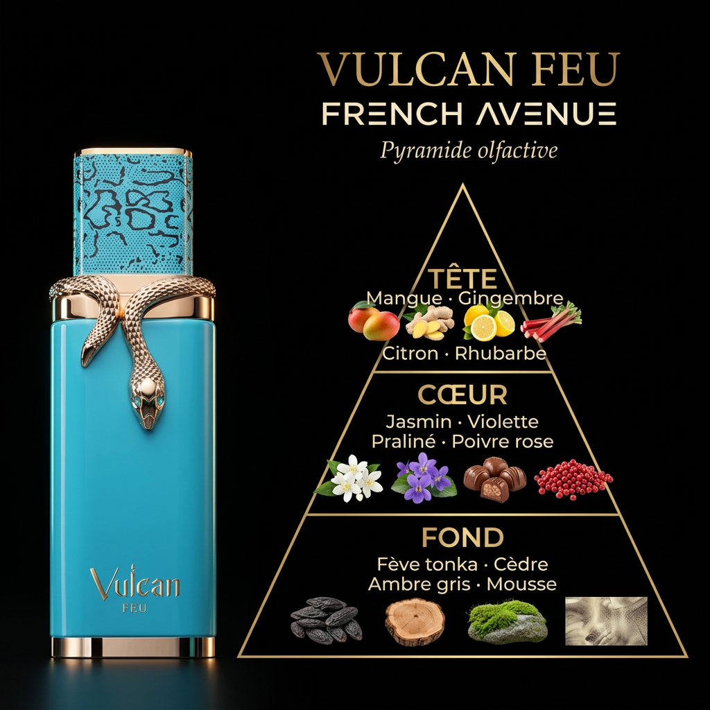 Pyramide olfactive French Avenue Vulcan Feu : mangue, gingembre, poivre rose, praliné et cèdre